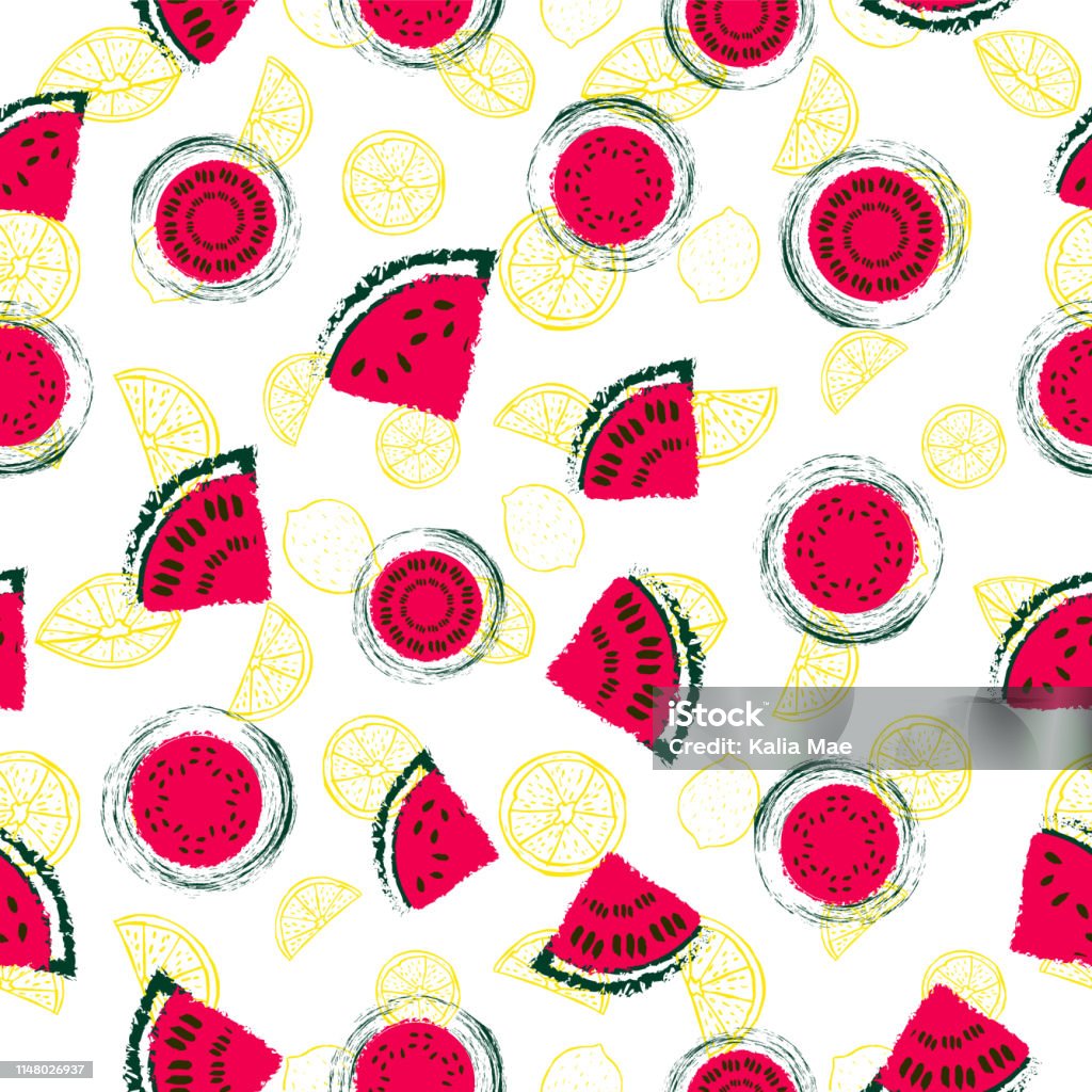 Rodajas de sandía rojas dibujadas a mano y limones amarillos patrón sin fisuras fondo vectorial en un estilo retro colorido. - arte vectorial de 1960-1969 libre de derechos