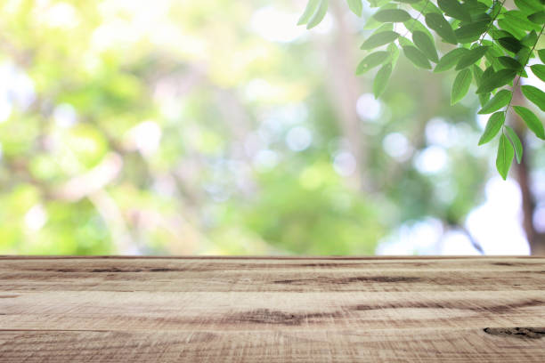 istock Wooden table and blurred green nature garden background. 1148028608
