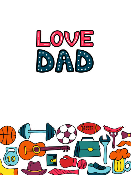 ilustraciones, imágenes clip art, dibujos animados e iconos de stock de amor papá tarjeta de felicitación en estilo doodle. estilo de vida de los hombres, equipo deportivo, ropa y accesorios. - shoe bow baseball sport