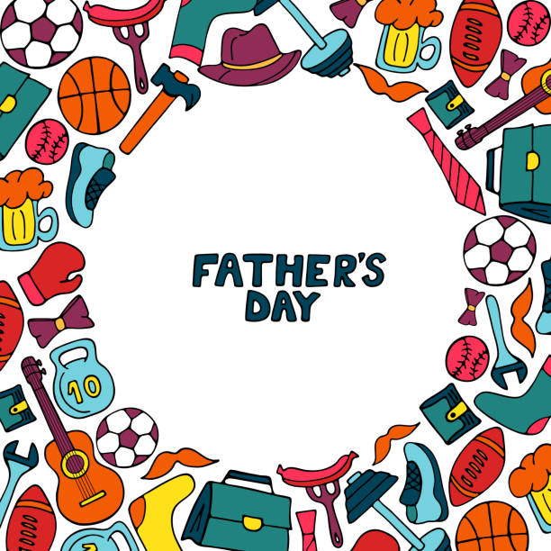 ilustraciones, imágenes clip art, dibujos animados e iconos de stock de marco festivo del día del padre en estilo doodle. estilo de vida de los hombres, equipo deportivo, ropa y accesorios. - shoe bow baseball sport