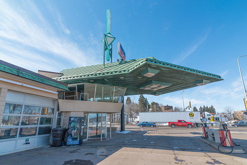 CLOQUET, MINNESOTA / USA - MARCH 28, 2013: Frank Lloyd Wright designed gas station in Cloquet, Minnesota