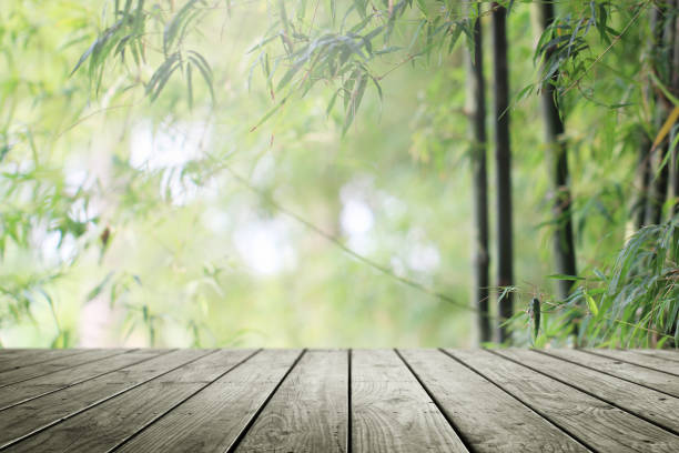 istock Empty wooden and blurred nature bamboo forest background. 1148030962