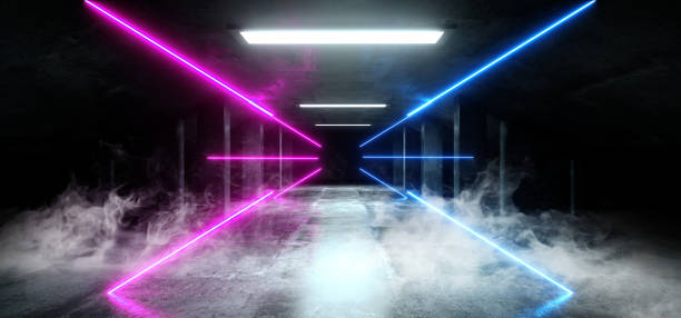 istock Smoke Triangle Futuristic Neon Sci Fi Background Glowing Lasers Blue Purple Vibrant Virtual On Reflective Grunge Concrete Hall Underground Tunnel Corridor Shapes Shine Fluorescent 3D Rendering 1148031024
