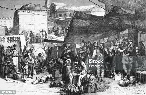 Vegetable And Fruit Market At The Rialto Bridge In Venice Stock Illustration - Download Image Now