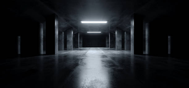 sci fi modern dark concrete cement asphalt futuristic spaceship elegant underground garage tunnel corridor empty space white glow glossy columns 3d rendering - belton hall stock-fotos und bilder