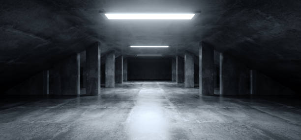 istock Sci Fi Modern Dark Concrete Cement Asphalt Futuristic Spaceship Elegant Underground Garage Tunnel Corridor Empty Space White Glow Glossy Columns 3D Rendering 1148032025