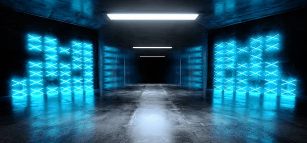 istock Stage Studio Neon Laser Blue Glowing Sci Fi Modern Dark Concrete Cement Asphalt Futuristic Spaceship Underground Garage Tunnel Corridor Empty Space White Glow Glossy Columns 3D Rendering 1148032095