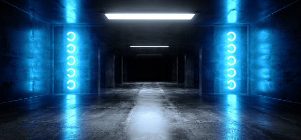 istock Stage Studio Neon Laser Blue Glowing Sci Fi Modern Dark Concrete Cement Asphalt Futuristic Spaceship Underground Garage Tunnel Corridor Empty Space White Glow Glossy Columns 3D Rendering 1148032103