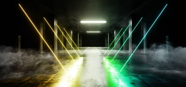 istock Smoke Triangle Futuristic Neon Sci Fi Background Glowing Lasers Blue Yellow Vibrant Virtual On Reflective Grunge Concrete Hall Underground Tunnel Corridor Shapes Shine Fluorescent 3D Rendering 1148033087