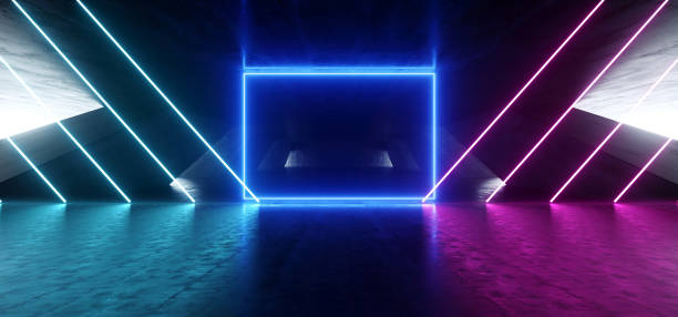 istock Triangle Futuristic Neon Sci Fi Background Glowing Lasers Blue Purple Vibrant Virtual On Reflective Grunge Concrete Hall Underground Tunnel Corridor Shapes Shine Fluorescent 3D Rendering 1148033099