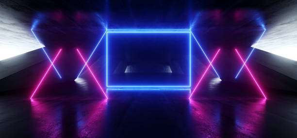 istock Triangle Futuristic Neon Sci Fi Background Glowing Lasers Blue Purple Vibrant Virtual On Reflective Grunge Concrete Hall Underground Tunnel Corridor Shapes Shine Fluorescent 3D Rendering 1148033157