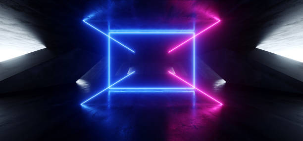 istock Triangle Futuristic Neon Sci Fi Background Glowing Lasers Blue Purple Vibrant Virtual On Reflective Grunge Concrete Hall Underground Tunnel Corridor Shapes Shine Fluorescent 3D Rendering 1148033165