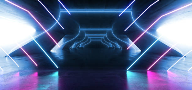 istock Triangle Futuristic Neon Sci Fi Background Glowing Lasers Blue Purple Vibrant Virtual On Reflective Grunge Concrete Hall Underground Tunnel Corridor Shapes Shine Fluorescent 3D Rendering 1148033213