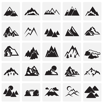 Mountains icons set on sqaures background for graphic and web design. Simple vector sign. Internet concept symbol for website button or mobile app