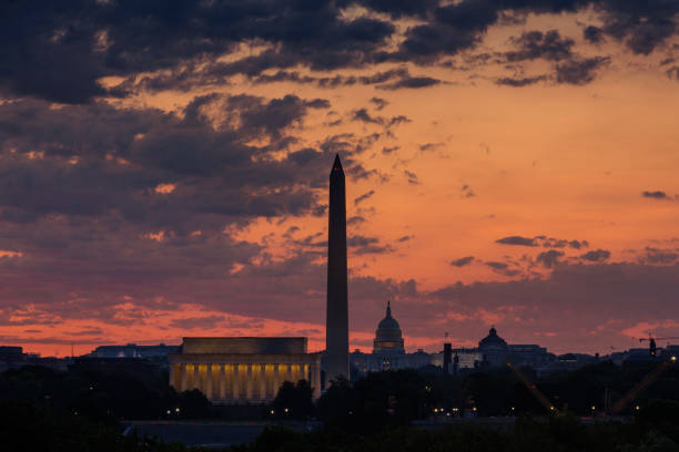 istock Panoramic View from distant of Washington DC Skyline before thunderstorm in summer at sunrise, Washington DC 1148033336