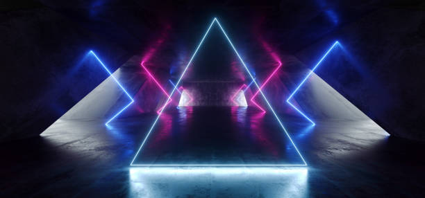 istock Triangle Futuristic Neon Sci Fi Background Glowing Lasers Blue Purple Vibrant Virtual On Reflective Grunge Concrete Hall Underground Tunnel Corridor Shapes Shine Fluorescent 3D Rendering 1148033407