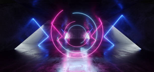 istock Circle Futuristic Neon Sci Fi Background Glowing Lasers Blue Purple Vibrant Virtual On Reflective Grunge Concrete Hall Underground Tunnel Corridor Shapes Shine Fluorescent 3D Rendering 1148033442