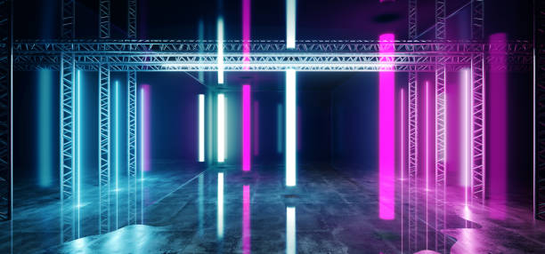 istock Stage Neon Construction Laser Show Glowing Purple Blue Lights Vibrant Reflective Dark Concrete Grunge Underground Club Space Fluorescent Modern Retro 3D Rendering 1148034119