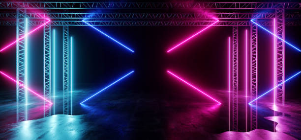 istock Stage Neon Construction Laser Show Glowing Purple Blue Lights Vibrant Reflective Dark Concrete Grunge Underground Club Space Fluorescent Modern Retro 3D Rendering 1148034181