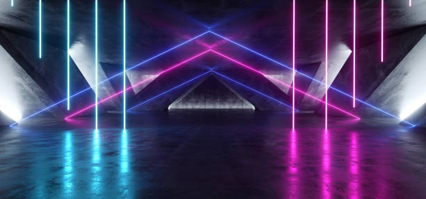 istock Triangle Futuristic Neon Sci Fi Background Glowing Lasers Blue Purple Vibrant Virtual On Reflective Grunge Concrete Hall Underground Tunnel Corridor Shapes Shine Fluorescent 3D Rendering 1148035768