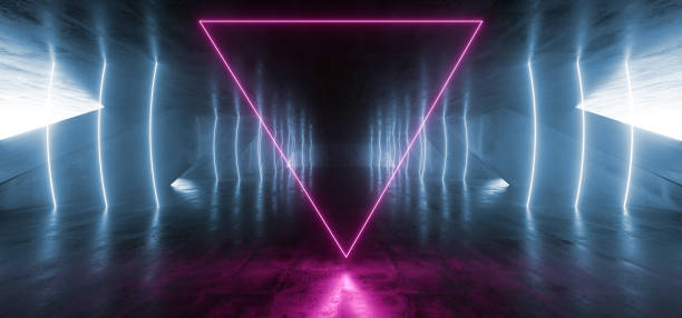 istock Triangle Futuristic Neon Sci Fi Background Glowing Lasers Blue Purple Vibrant Virtual On Reflective Grunge Concrete Hall Underground Tunnel Corridor Shapes Shine Fluorescent 3D Rendering 1148035887