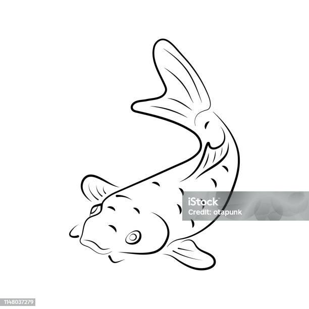 Japanese Carp Koi Character Abstract Ink Hand Drawn Vector Logo Cartoon Retro Illustration Chinese Traditional Calligraphy Curve Paint Brush Sign Doodle Sketch Element For Design Fabric Print Stock Illustration - Download Image Now