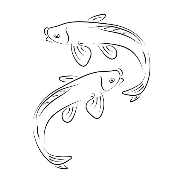 日本の鯉の鯉の文字抽象インク手描きベクトルロゴ漫画。レトロなイラスト。中国の伝統的な書道曲線ペイントブラシサイン。落書きスケッチ。デザインの要素、ファブリックプリント。 - carp点のイラスト素材／クリップアート素材／マンガ素材／アイコン素材