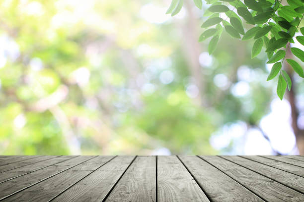 istock Wooden table and blurred green nature garden background. 1148038896
