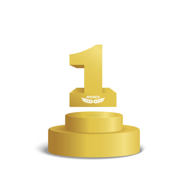 istock Winner stage golden podium with gold first number on white background. Award ceremony template with laurel wreath and numeral 1 1148038975