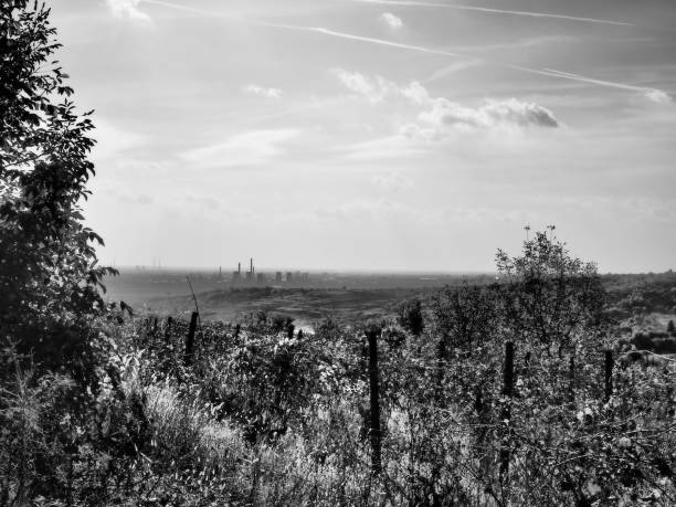 Black & white concept of a post industrial deserted landscape. BW dramatic tone filter applied