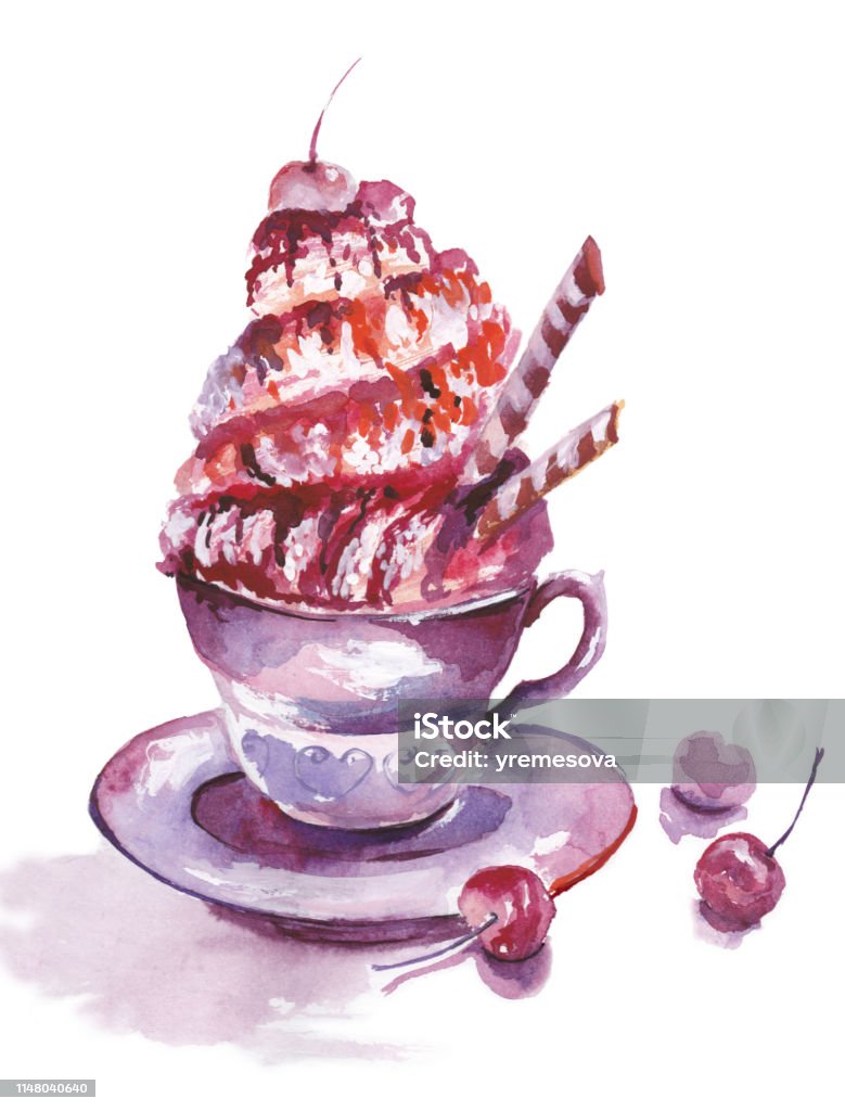 Coffee watercolor sketch of Cup of Coffee with Whipped Cream Breakfast stock illustration