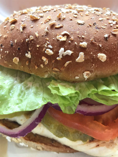 Stock photo of healthy eating with tasty grilled chicken burger bun, with lettuce leaves, sliced beef tomato, red onion slices and a pickle gerkin. The brown burger bun is topped with oats. imagen de comida rápida y saludable, hamburguesa de pollo a la parrilla con pan integral y marrón de trigo integral y cubierto con avena, hamburguesa de pechuga de pollo a la parrilla (más saludable que la fritura) con hojas de lechuga, tomate en rodaja