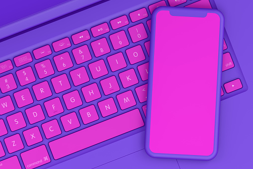 3D rendering of Smart Phone and Laptop, Abstract Minimal Technology Concept. Purple and pink colors.