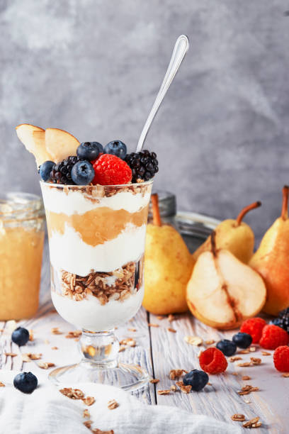 istock Granola with yogurt pear and berries in glass with spoon 1148047693