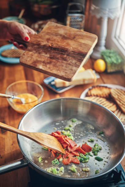 istock Preparing Egg Omelet with Salmon and Spring Onions For Breakfast 1148049150