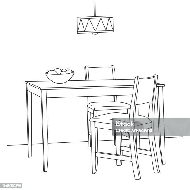 Part Of The Dining Room Table And Chairs Hand Drawn Sketch Vector Illustration Stock Illustration - Download Image Now