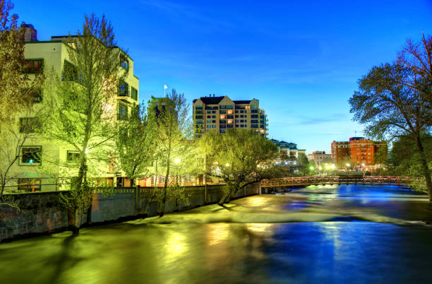 Reno along the Truckee River Reno is a city in the U.S. state of Nevada, located in the northwestern part of the state,. Known as "The Biggest Little City in the World"  Reno is known for its casino industry. truckee river photos stock pictures, royalty-free photos & images