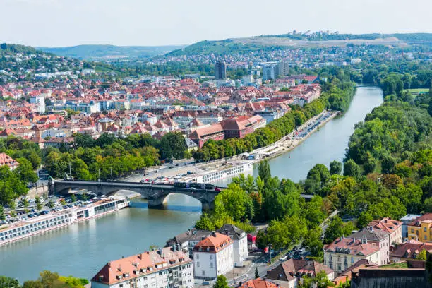 Aerial wiew Alte Mainbrucke and cityscape of Wurzburg with Rawthey River in Germany