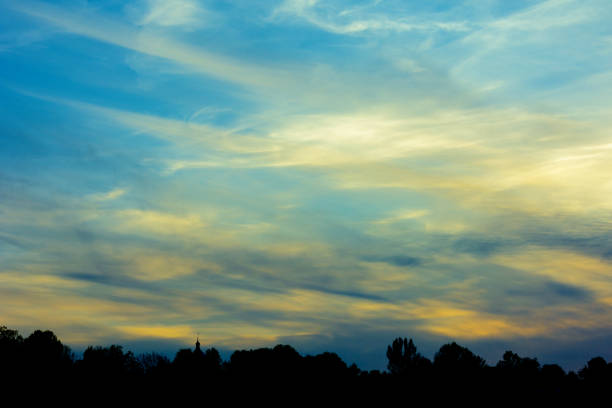 the sky, whose clouds are stained in blue and yellow, rises above the field 2019