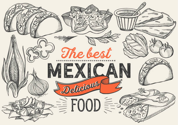 иллюстрации мексиканской кухни - буррито, тако, кесадилья для ресторана. вектор ручной нарисованный плакат для кафе и бар�а. дизайн с надписи - mexican cuisine illustrations stock illustrations