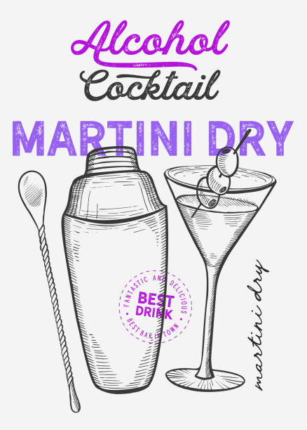 ilustracja koktajlowa - martini suche dla restauracji na tle vintage. wektor ręcznie rysowane napoje alkoholowe ikony baru i pubu. projekt z napisami i elementami szkicu. - cherry dry fruit food stock illustrations