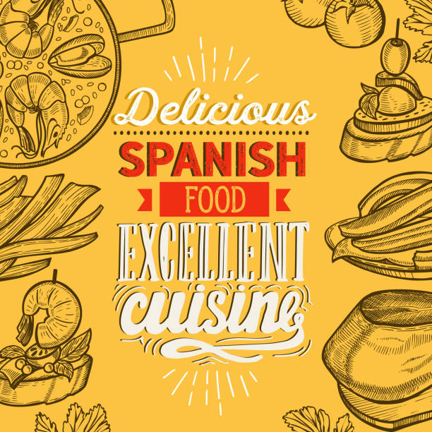 Spanish cuisine illustrations - tapas, paella, sangria, jamon, churros, calcots, turron for restaurant. Vector hand drawn poster for catalan cafe and bar. Design with lettering and doodle vintage graphic. Spanish illustrations - tapas, paella, sangria, ham, churros, calcots, nougat spanish food stock illustrations