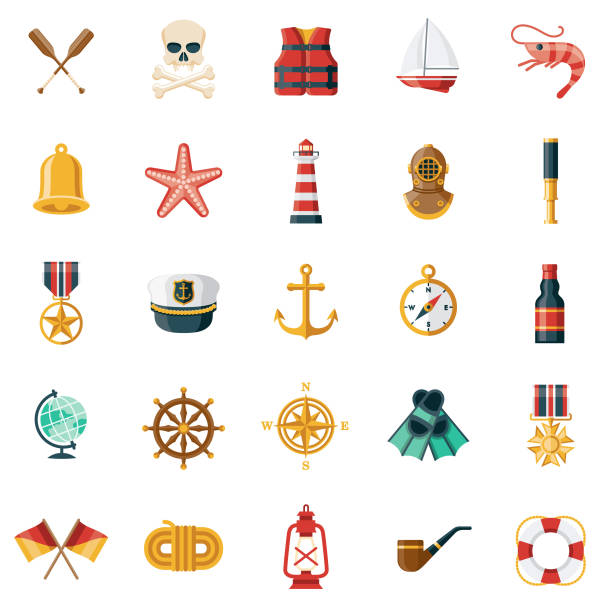 illustrazioni stock, clip art, cartoni animati e icone di tendenza di set di icone nautiche - sailboat sail sailing symbol