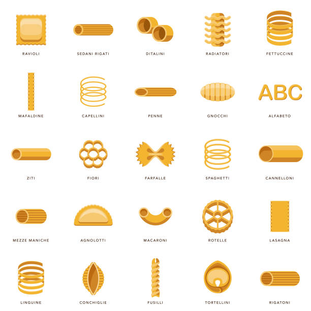 ilustraciones, imágenes clip art, dibujos animados e iconos de stock de conjunto de iconos de pasta - noodles