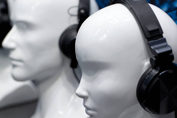 Modern fashion headphones on the heads of mannequins