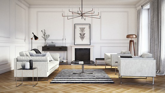 Scandinavian interior design living room 3d render with white colored furniture and wooden elements