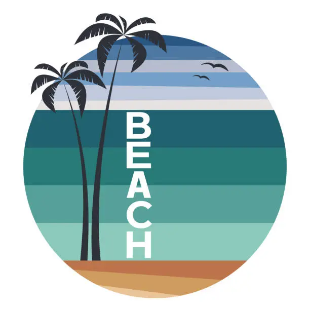 Vector illustration of Summer logo template with palms and text beach on circle shape - vector illustration