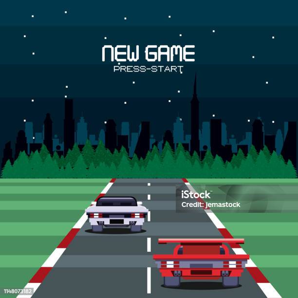 Retro Videogame Screen Arcade Background Card Stock Illustration - Download Image Now - Match - Sport, Car, Video Game