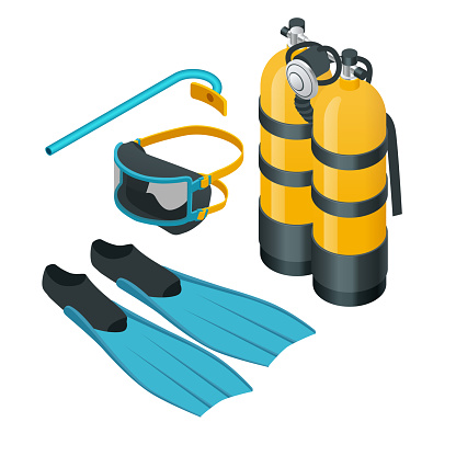 Isometric Diving equipment. Aqualung mask tube and flippers for diving vector illustration isolated on white background. A set of Scuba gear set up