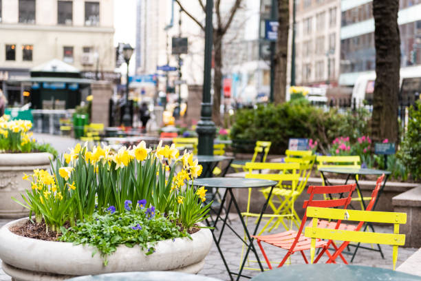 new york city, usa blick auf die urbane nyc herald square midtown mit greeley square park stühlen tische und niemand von der stadt koreatown - people winter urban scene chair stock-fotos und bilder